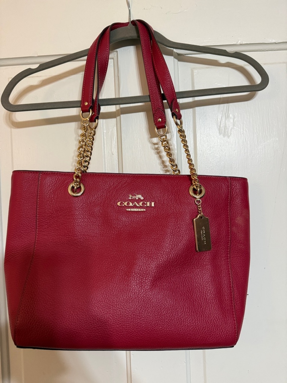 Coach Red Pebble Leather Shoulder Tote with Gold Hardware